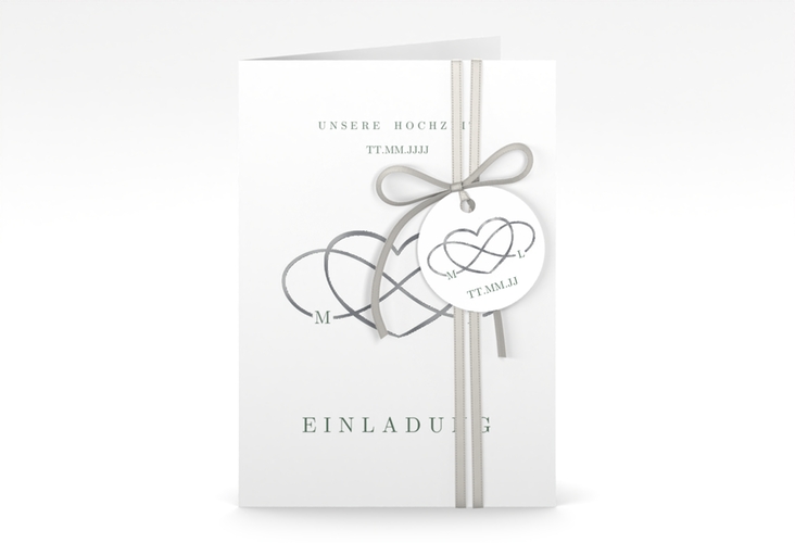 Einladungskarte Hochzeit Infinity A6 Klappkarte hoch gruen silber