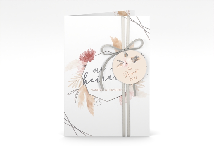 Einladungskarte Hochzeit Bohostyle A6 Klappkarte hoch beige silber mit Pampasgras in Aquarell