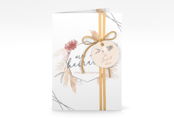 Einladungskarte Hochzeit Bohostyle A6 Klappkarte hoch beige silber mit Pampasgras in Aquarell