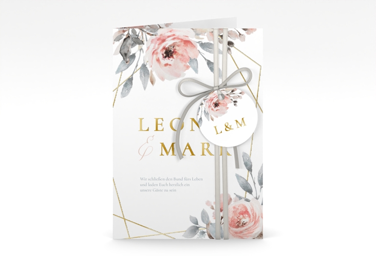 Einladungskarte Hochzeit Perfection A6 Klappkarte hoch weiss gold mit rosa Rosen
