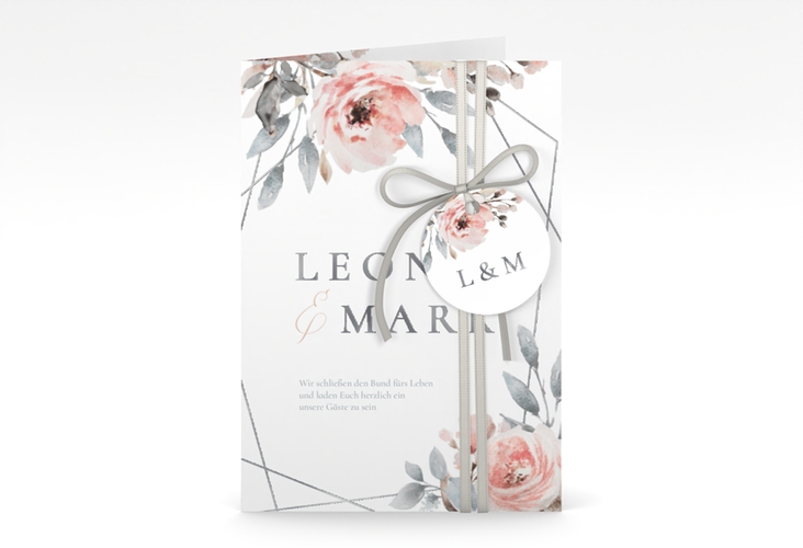 Einladungskarte Hochzeit Perfection A6 Klappkarte hoch weiss silber mit rosa Rosen