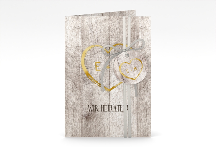 Einladungskarte Hochzeit Wood A6 Klappkarte hoch weiss gold