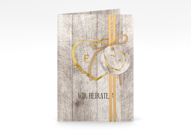 Einladungskarte Hochzeit Wood A6 Klappkarte hoch weiss gold
