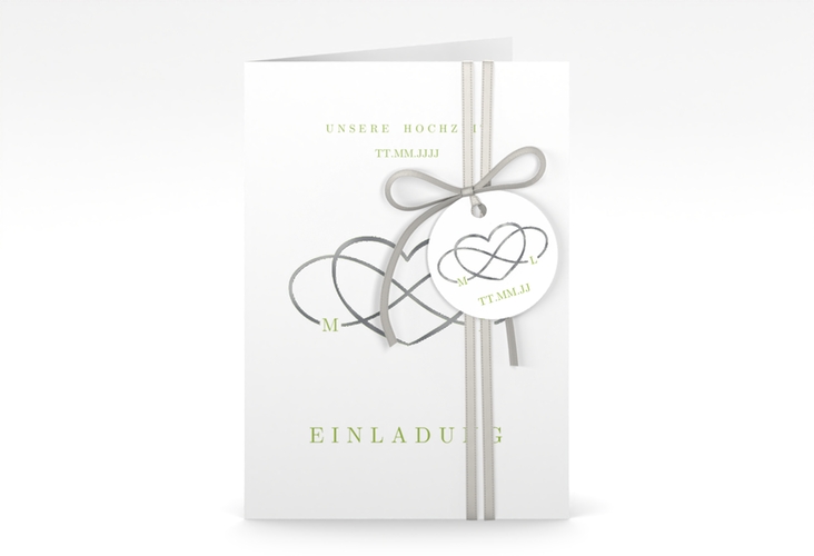 Einladungskarte Hochzeit Infinity A6 Klappkarte hoch gruen silber