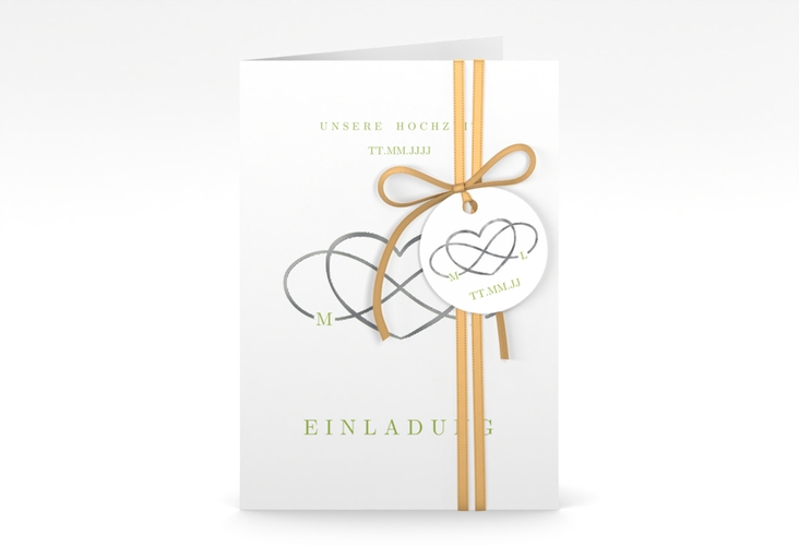 Einladungskarte Hochzeit Infinity A6 Klappkarte hoch gruen silber