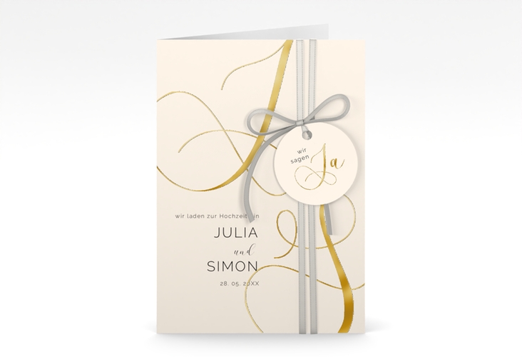 Hochzeitseinladung Eheschließung A6 Klappkarte hoch beige gold mit Gräsern und Trockenblumen für Boho-Hochzeit