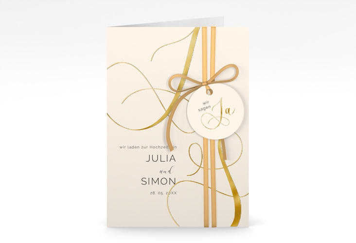 Hochzeitseinladung Eheschließung A6 Klappkarte hoch beige gold mit Gräsern und Trockenblumen für Boho-Hochzeit