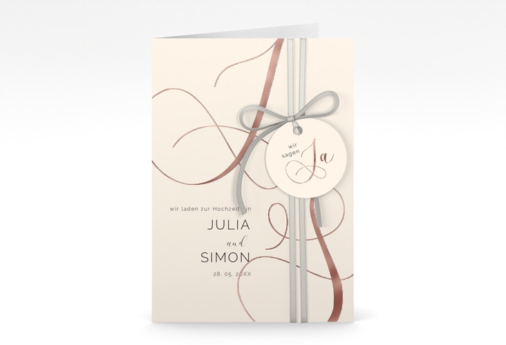 Hochzeitseinladung Eheschließung A6 Klappkarte hoch beige rosegold mit Gräsern und Trockenblumen für Boho-Hochzeit