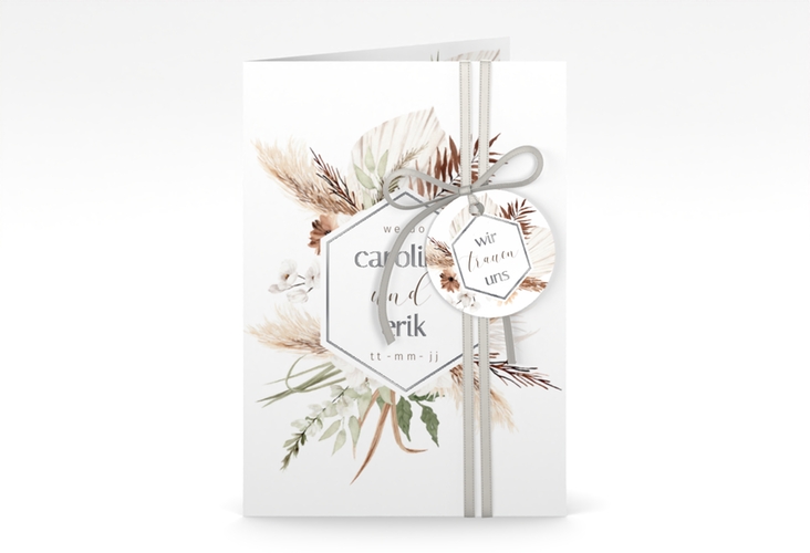 Einladungskarte Hochzeit Bohemian A6 Klappkarte hoch weiss silber mit Gräsern und Trockenblumen für Boho-Hochzeit