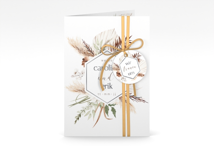 Einladungskarte Hochzeit Bohemian A6 Klappkarte hoch weiss silber mit Gräsern und Trockenblumen für Boho-Hochzeit