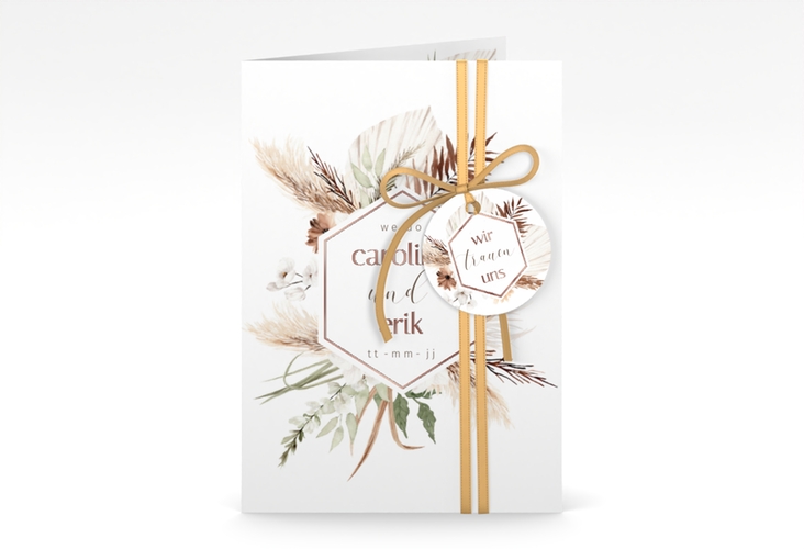 Einladungskarte Hochzeit Bohemian A6 Klappkarte hoch weiss rosegold mit Gräsern und Trockenblumen für Boho-Hochzeit
