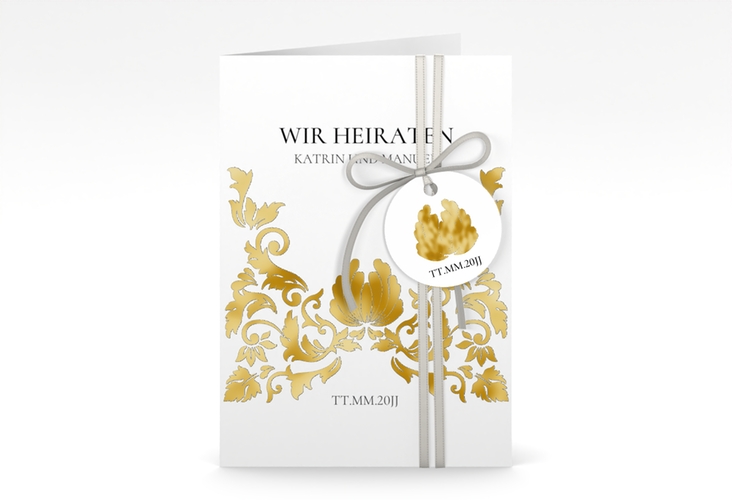 Einladungskarte Hochzeit Royal A6 Klappkarte hoch weiss gold mit barockem Blumen-Ornament