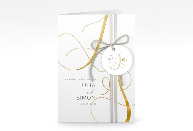 Hochzeitseinladung Eheschließung A6 Klappkarte hoch weiss gold mit Gräsern und Trockenblumen für Boho-Hochzeit