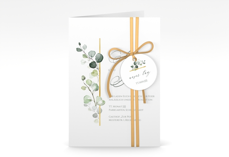 Einladungskarte Hochzeit Adelya A6 Klappkarte hoch weiss gold elegant mit Eukalyptus-Motiv