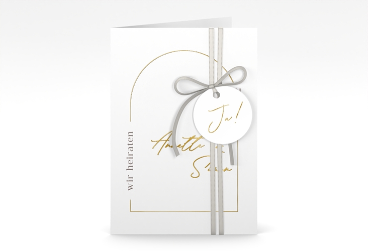 Einladungskarte Hochzeit Rundung A6 Klappkarte hoch weiss gold