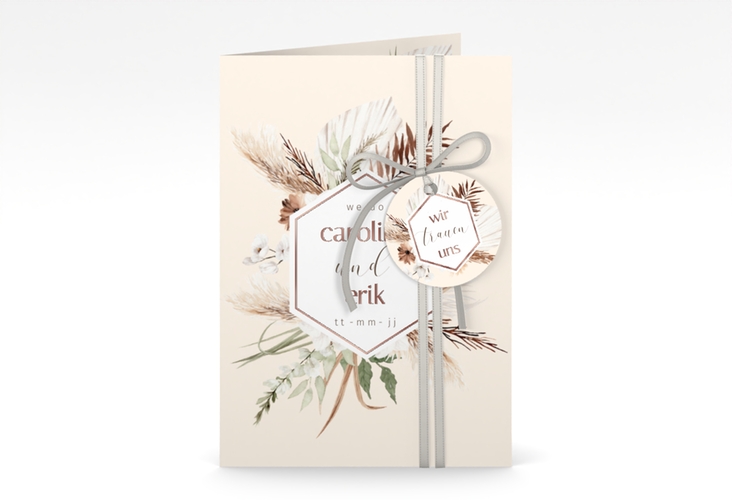 Einladungskarte Hochzeit Bohemian A6 Klappkarte hoch beige rosegold mit Gräsern und Trockenblumen für Boho-Hochzeit