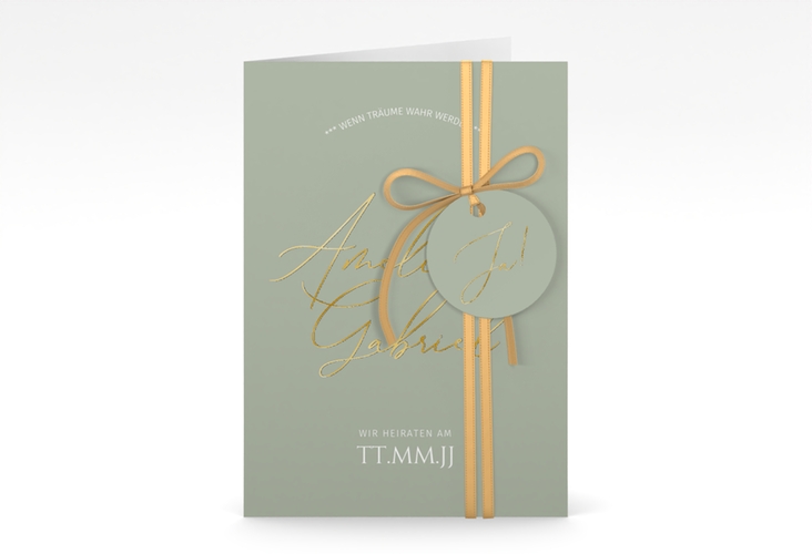 Einladungskarte Hochzeit Federschrift A6 Klappkarte hoch gruen gold in schlichtem Design mit Kalligrafie