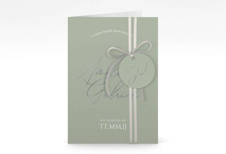 Einladungskarte Hochzeit Federschrift A6 Klappkarte hoch gruen silber in schlichtem Design mit Kalligrafie