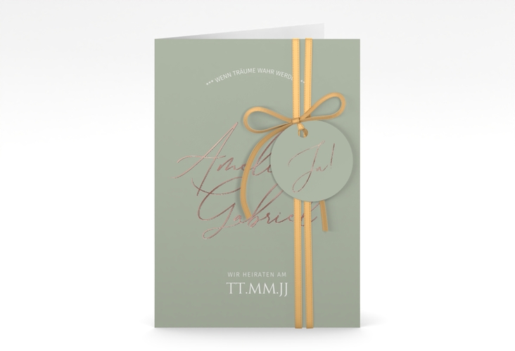 Einladungskarte Hochzeit Federschrift A6 Klappkarte hoch gruen rosegold in schlichtem Design mit Kalligrafie