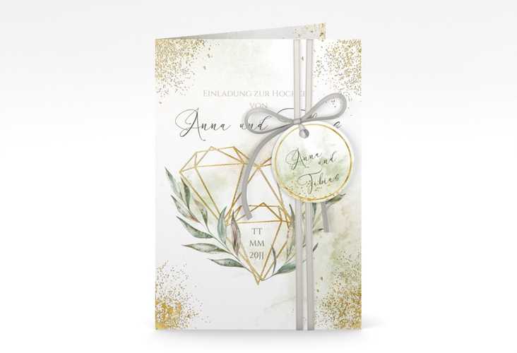 Einladungskarte Hochzeit Heartfelt A6 Klappkarte hoch weiss gold mit Diamanten im Geometric Design