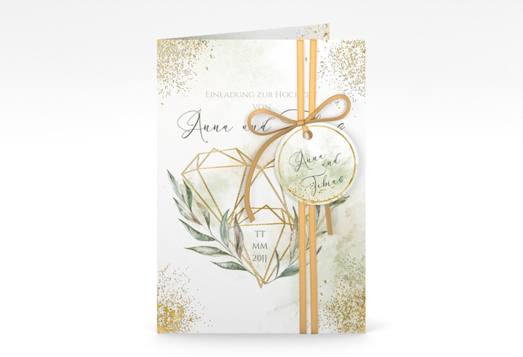Einladungskarte Hochzeit Heartfelt A6 Klappkarte hoch weiss gold mit Diamanten im Geometric Design