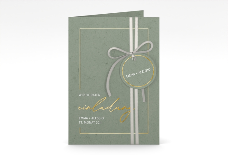 Einladungskarte Hochzeit Simple Line A6 Klappkarte hoch gruen gold