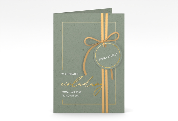 Einladungskarte Hochzeit Simple Line A6 Klappkarte hoch gruen gold