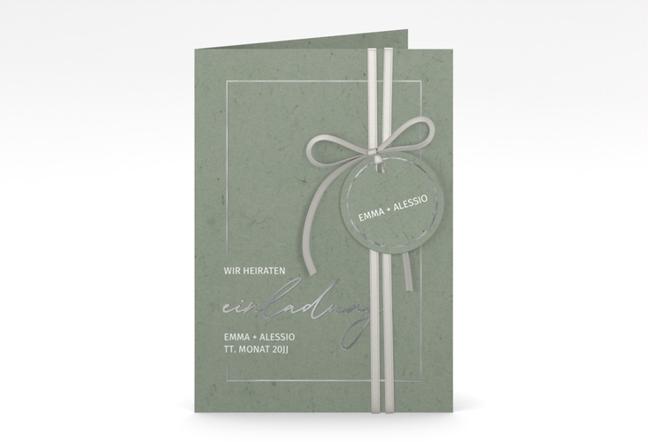 Einladungskarte Hochzeit Simple Line A6 Klappkarte hoch gruen silber