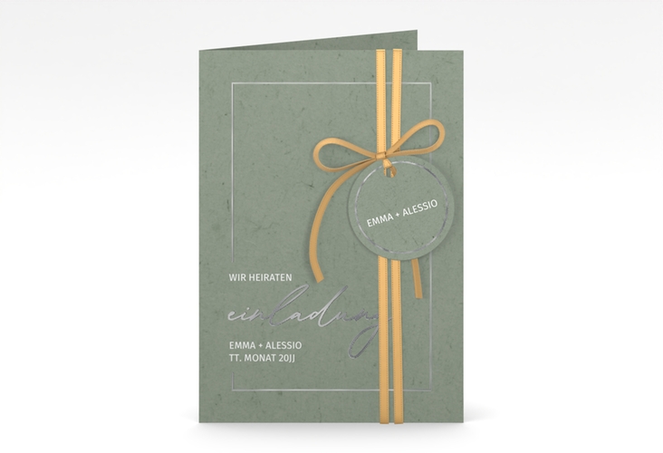 Einladungskarte Hochzeit Simple Line A6 Klappkarte hoch gruen silber