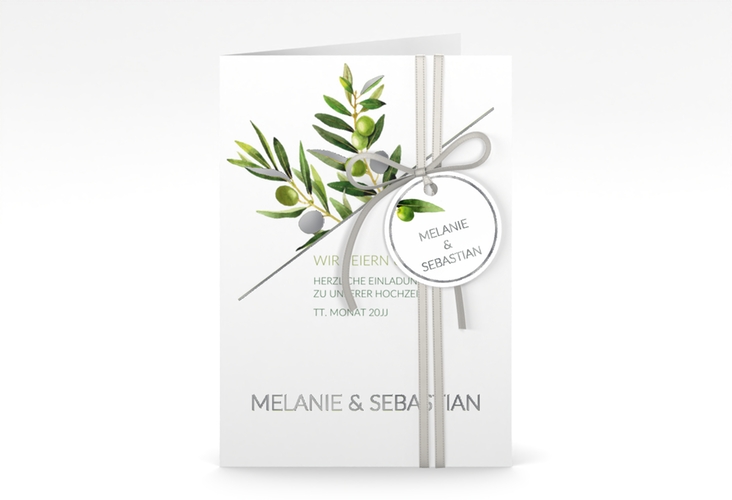 Einladungskarte Hochzeit Olivenzweig A6 Klappkarte hoch weiss silber