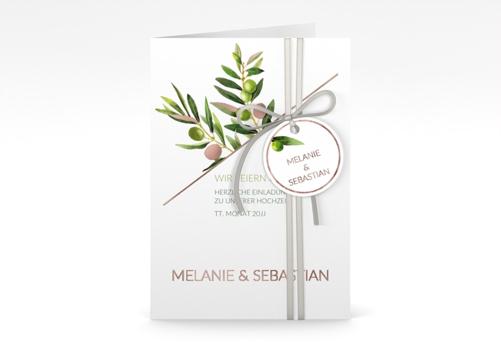 Einladungskarte Hochzeit Olivenzweig A6 Klappkarte hoch weiss rosegold