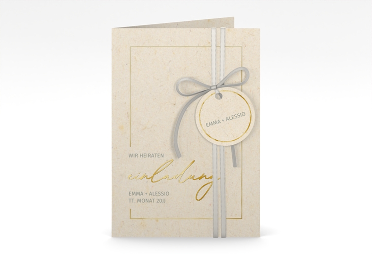 Einladungskarte Hochzeit Simple Line A6 Klappkarte hoch beige gold