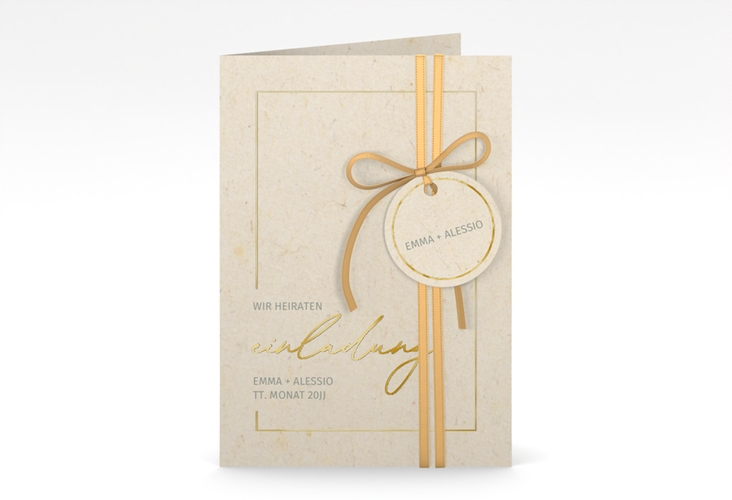 Einladungskarte Hochzeit Simple Line A6 Klappkarte hoch beige gold