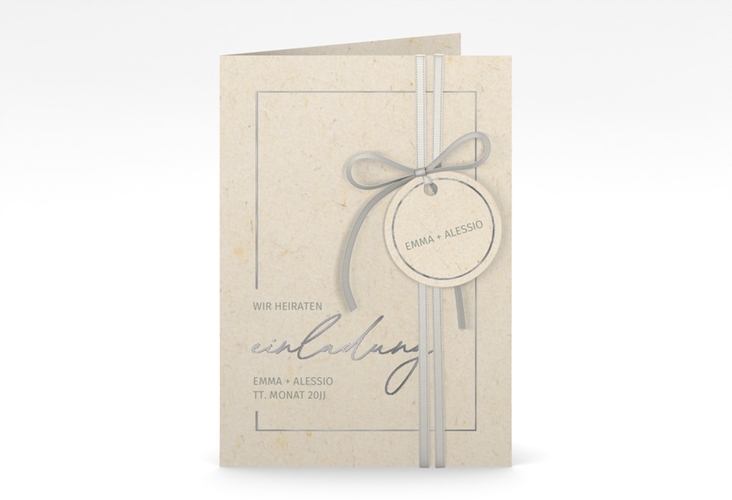Einladungskarte Hochzeit Simple Line A6 Klappkarte hoch beige silber