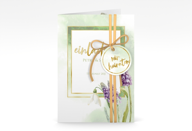 Einladungskarte Hochzeit Frühling A6 Klappkarte hoch gruen gold mit Frühlingsblumen in Aquarell