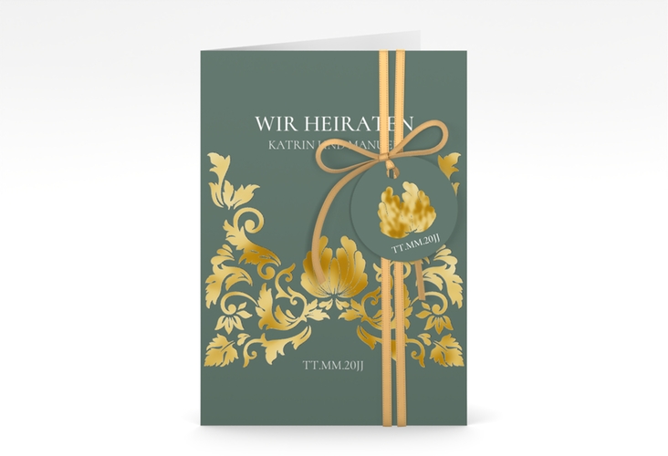 Einladungskarte Hochzeit Royal A6 Klappkarte hoch gruen gold mit barockem Blumen-Ornament