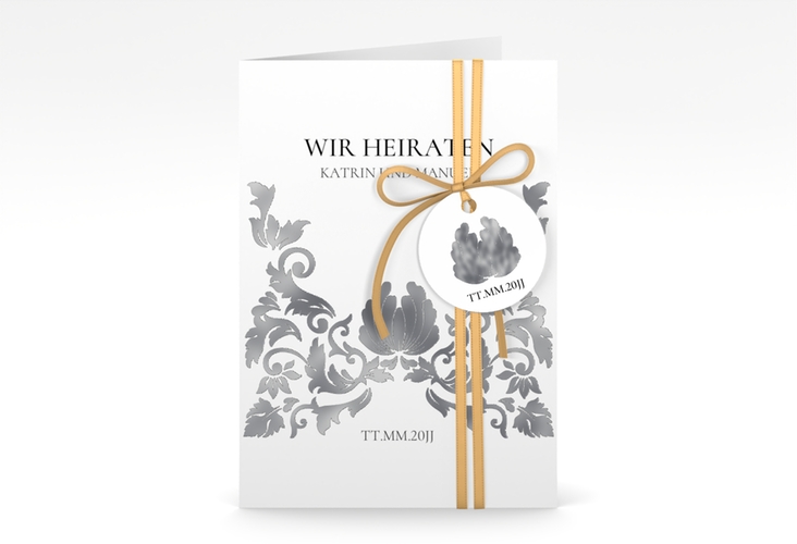 Einladungskarte Hochzeit Royal A6 Klappkarte hoch weiss silber mit barockem Blumen-Ornament