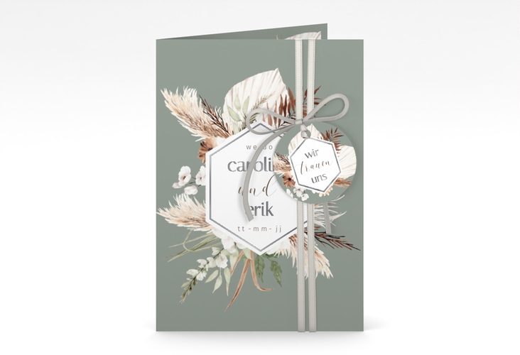 Einladungskarte Hochzeit Bohemian A6 Klappkarte hoch gruen silber mit Gräsern und Trockenblumen für Boho-Hochzeit