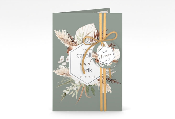 Einladungskarte Hochzeit Bohemian A6 Klappkarte hoch gruen silber mit Gräsern und Trockenblumen für Boho-Hochzeit