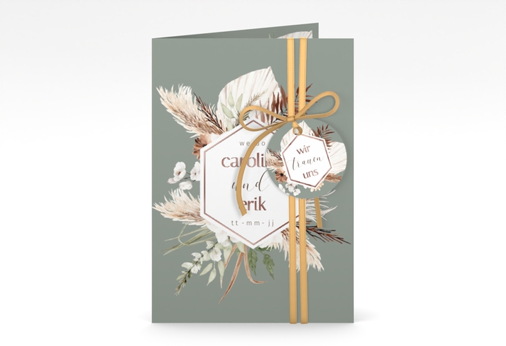 Einladungskarte Hochzeit Bohemian A6 Klappkarte hoch gruen rosegold mit Gräsern und Trockenblumen für Boho-Hochzeit