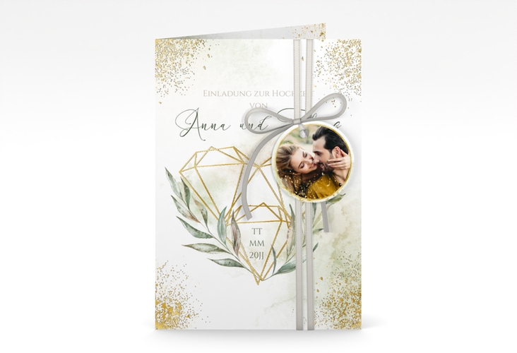 Einladungskarte Hochzeit Heartfelt A6 Klappkarte hoch weiss gold mit Diamanten im Geometric Design
