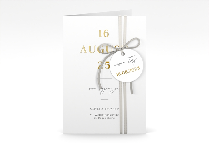 Einladungskarte Hochzeit Authentisch A6 Klappkarte hoch weiss gold in schlichtem Design mit großem Hochzeitsdatum