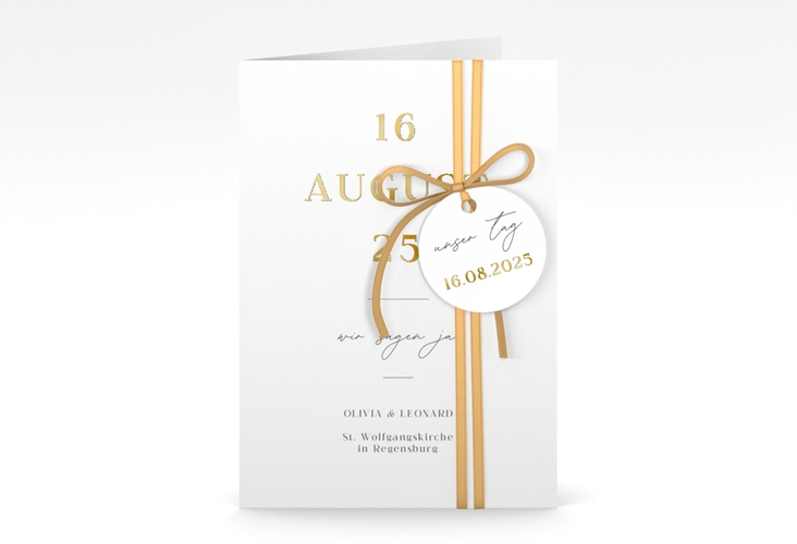 Einladungskarte Hochzeit Authentisch A6 Klappkarte hoch weiss gold in schlichtem Design mit großem Hochzeitsdatum
