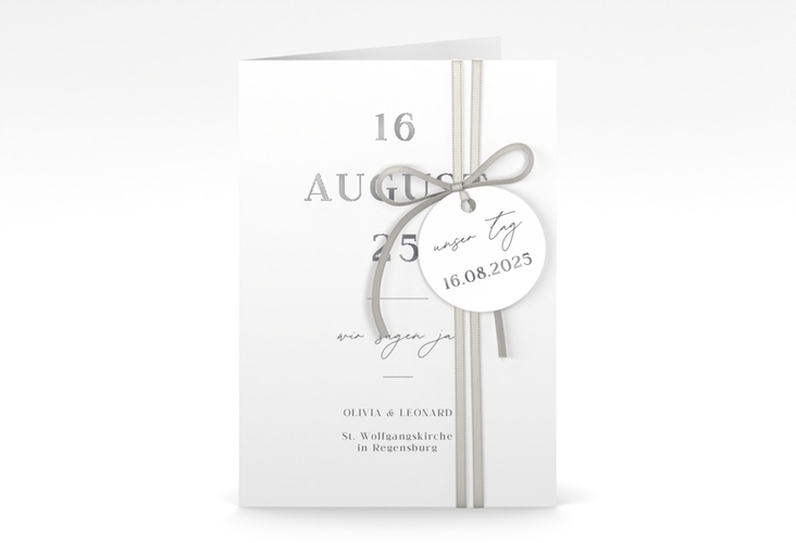 Einladungskarte Hochzeit Authentisch A6 Klappkarte hoch weiss silber in schlichtem Design mit großem Hochzeitsdatum