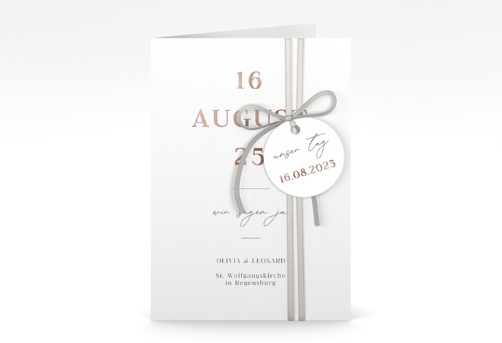 Einladungskarte Hochzeit Authentisch A6 Klappkarte hoch weiss rosegold in schlichtem Design mit großem Hochzeitsdatum