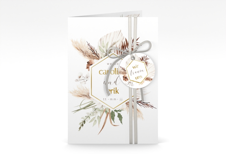 Einladungskarte Hochzeit Bohemian A6 Klappkarte hoch weiss gold mit Gräsern und Trockenblumen für Boho-Hochzeit