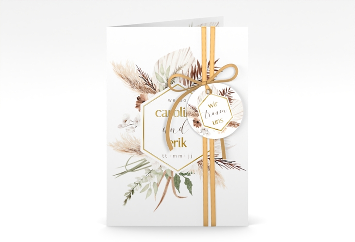 Einladungskarte Hochzeit Bohemian A6 Klappkarte hoch weiss gold mit Gräsern und Trockenblumen für Boho-Hochzeit