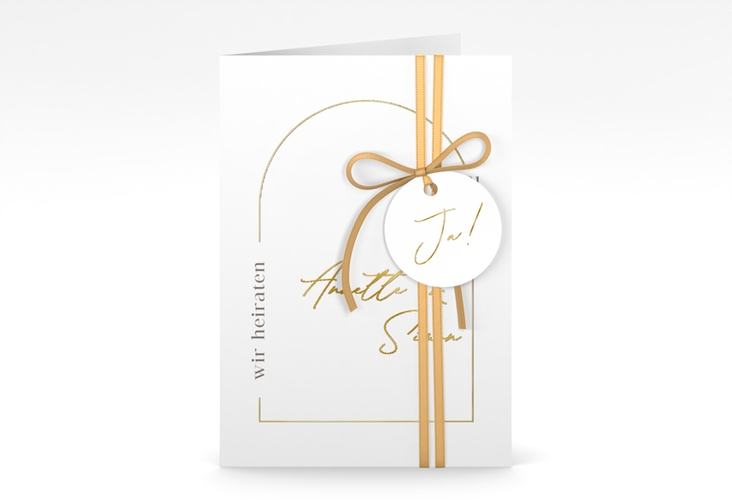 Einladungskarte Hochzeit Rundung A6 Klappkarte hoch weiss gold