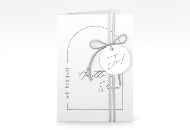 Einladungskarte Hochzeit Rundung A6 Klappkarte hoch weiss silber