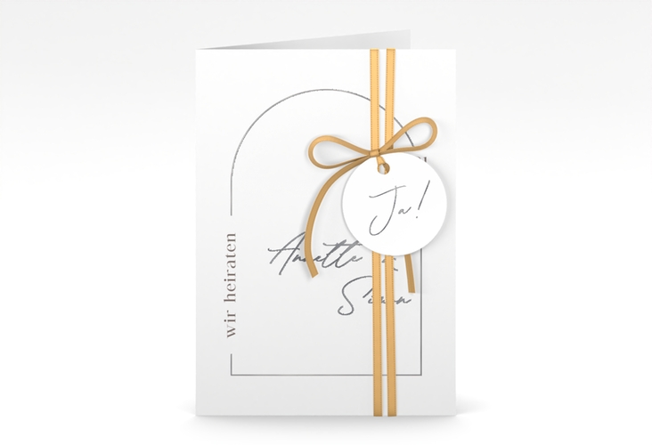 Einladungskarte Hochzeit Rundung A6 Klappkarte hoch weiss silber